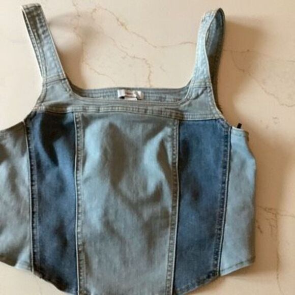 Forever 21 Two Tone Denim Bustier Crop Top Sz L - Picture 1 of 6